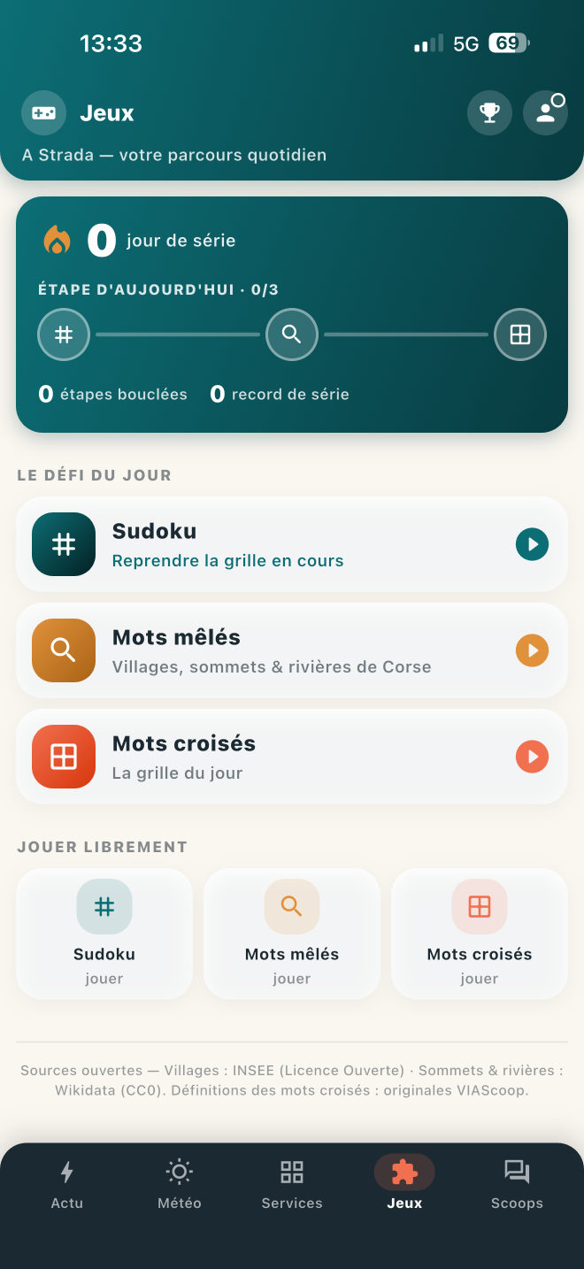 Écran jeux de VIAScoop : le défi du jour, sudoku, mots mêlés et mots croisés.