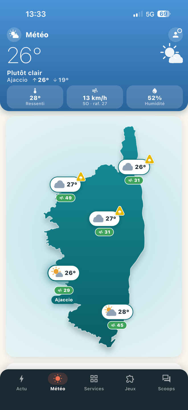 Écran météo de VIAScoop : la carte de la Corse avec les températures par secteur.