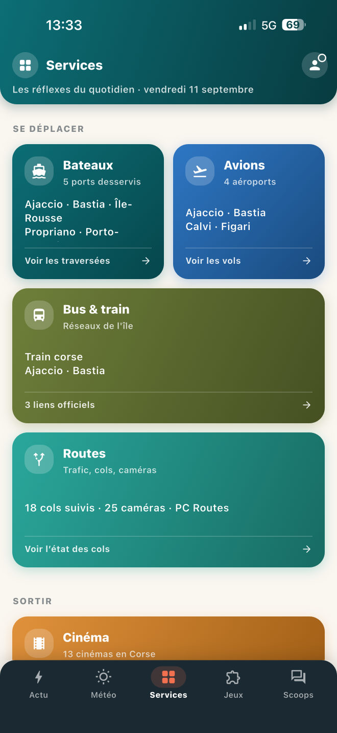 Écran services de VIAScoop : bateaux, avions, bus et train, routes.